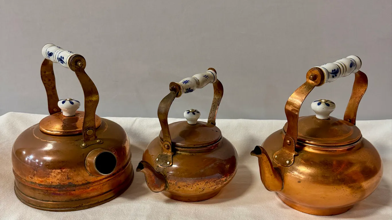 Three Vintage Copper Tea Kettles