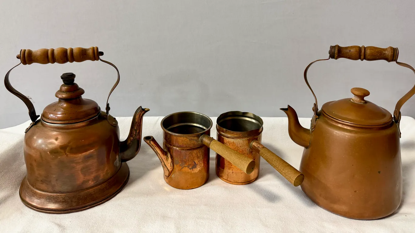 Two Copper Kettles and Expresso Holder