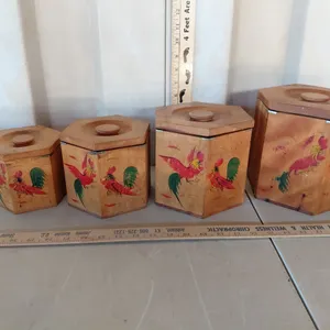 Vintage 1950s Wood Nesting Canisters, Hand Painted Fighting Roosters, Biggest 7"X8"X7"