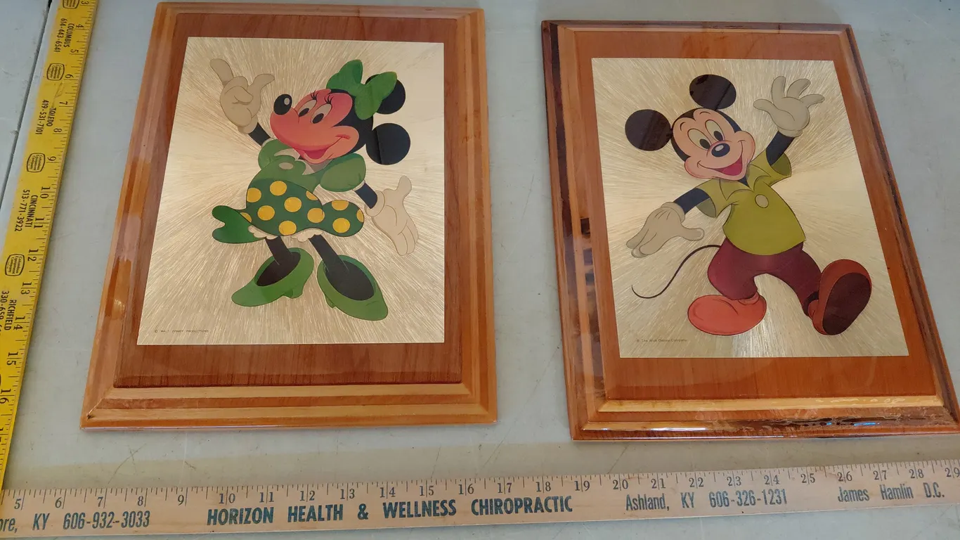 Vintage 1980s Disney Laminated Gold Foil Lithograph In Wood Minnie & Mickey 10.5"X14"