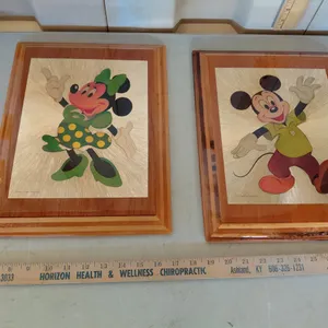 Vintage 1980s Disney Laminated Gold Foil Lithograph In Wood Minnie & Mickey 10.5"X14"