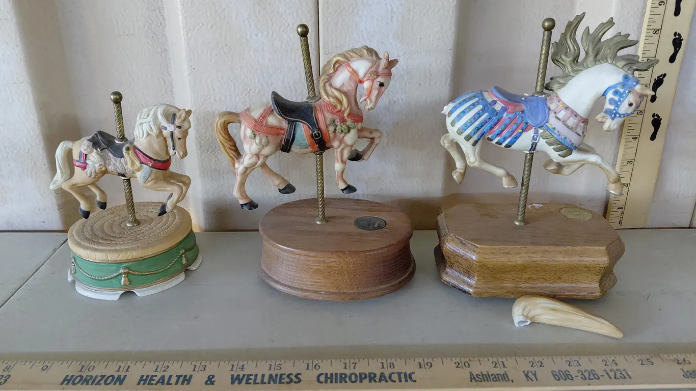 Vintage Musical Carousel Horses, 1 Needs Repaired