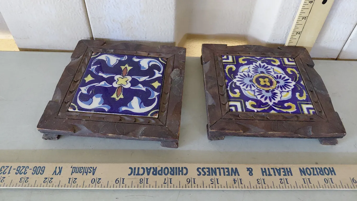 Vintage Wood Carved Mexican Ceramic Tile Trivets 6.5"X6.5"