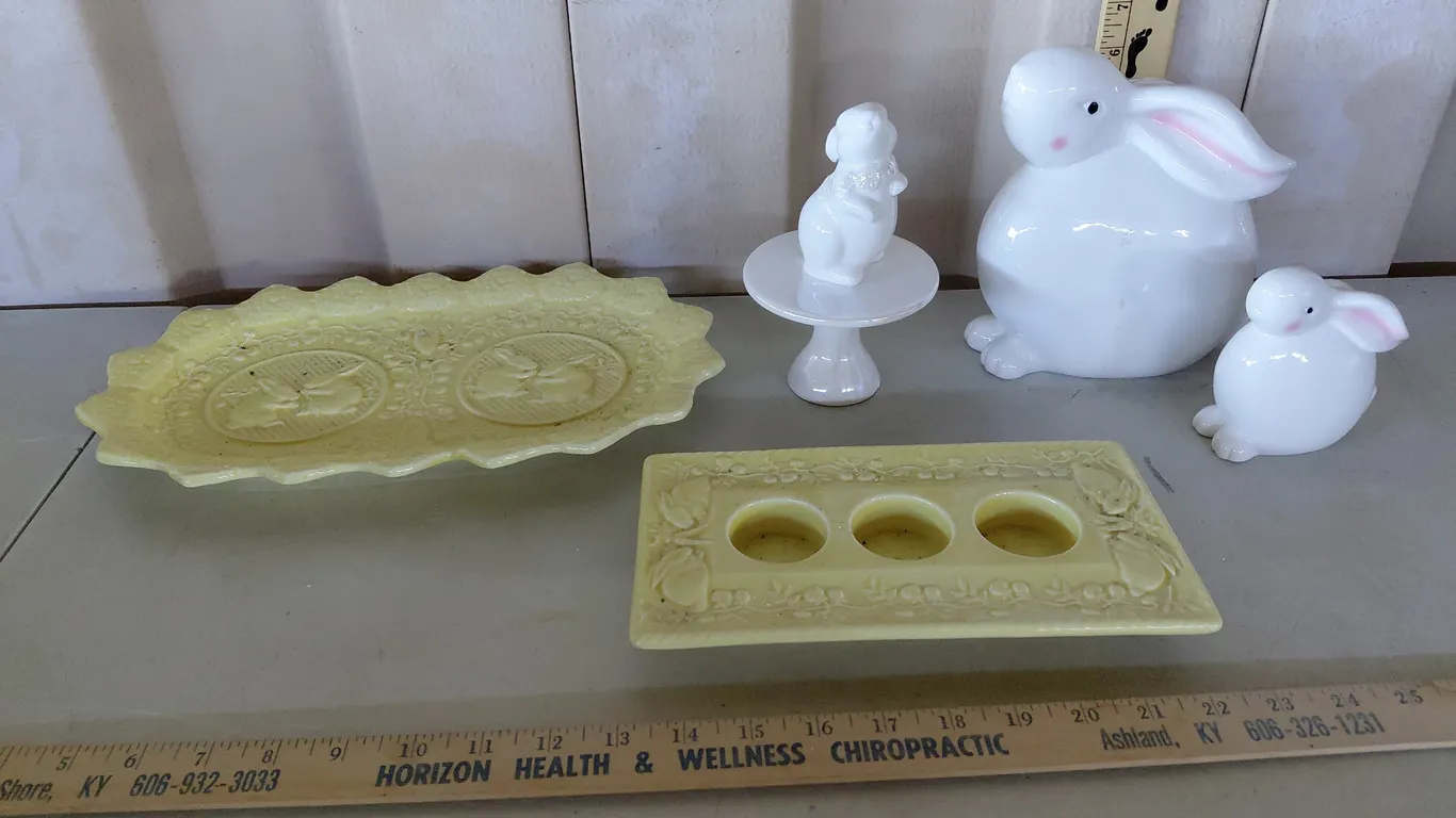 Ceramic Bunny Rabbit Decor-Mini Cake Stand, Platter, Candle Holder, & 3 Figures