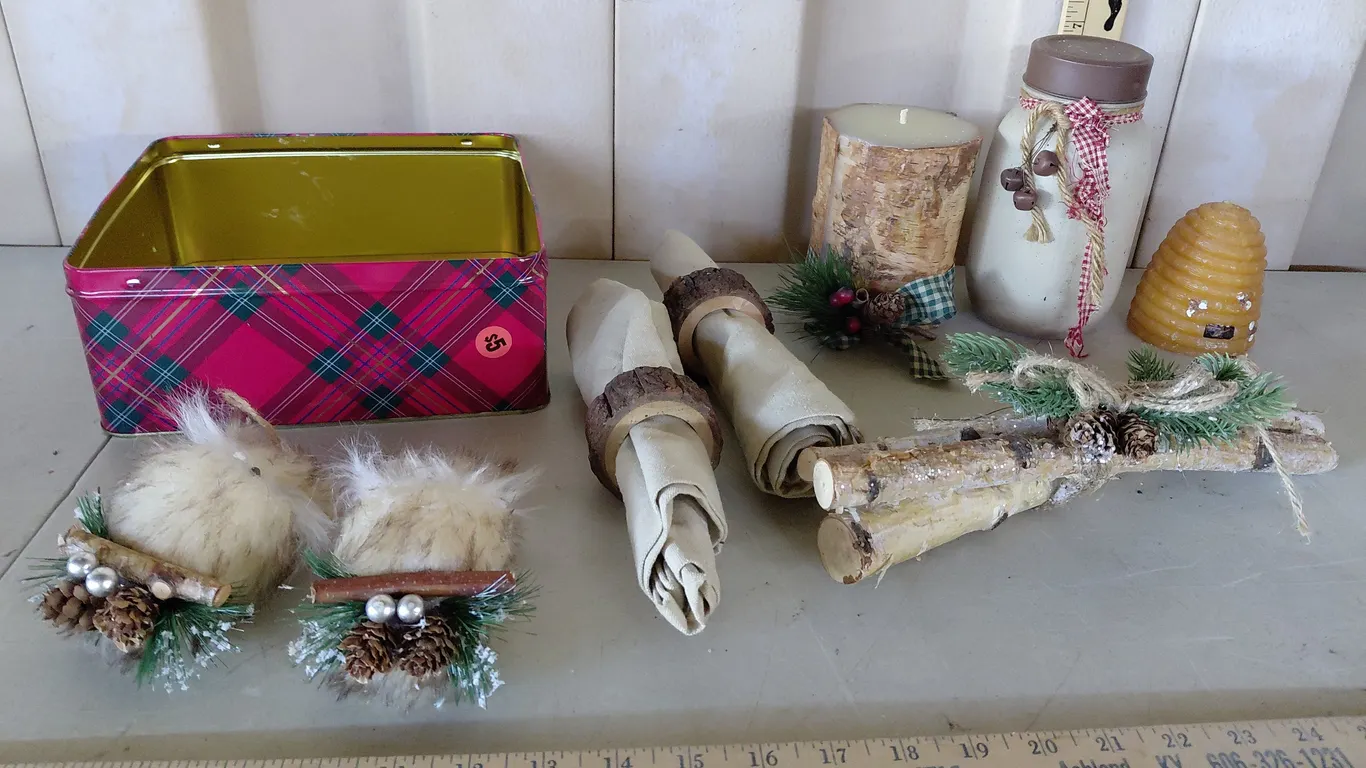 Candles, Painted Jar, Owl Ornaments, Small Log Decor, & Napkins