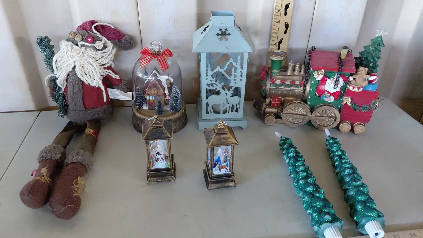 Christmas Decor-Tree Candles, Battery Operated Train, Plush Santa, & Battery Operated Lanterns