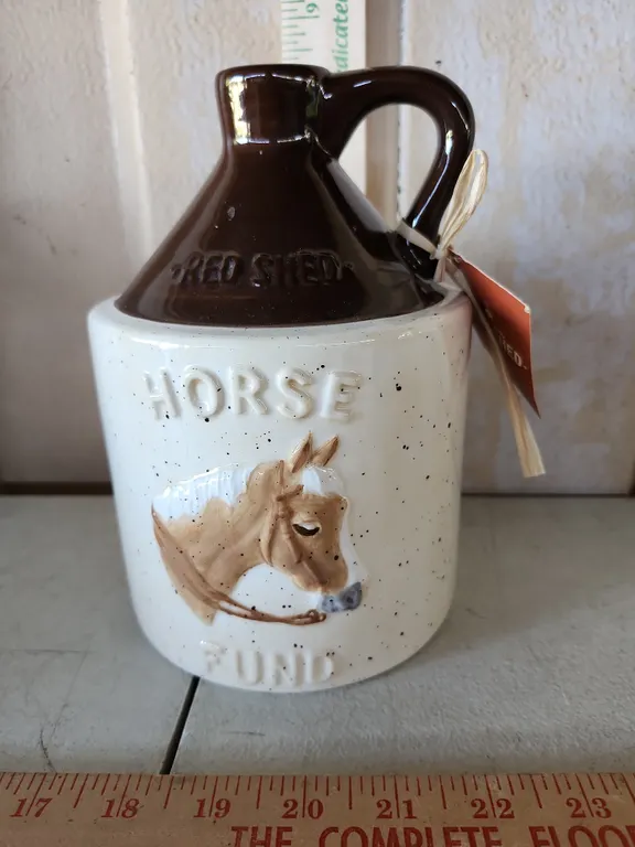 Red Shed Horse Fund Crock Jug Bank 5.25"X7.5"