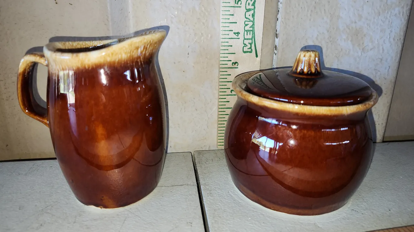 Vintage Hull Oven Proof U.S.A. Brown Drip Glaze Sugar & Creamer