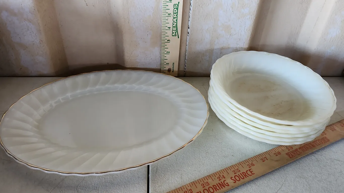 Vintage Anchor Hocking/Fire King Swirl Dinnerware Bowls & Platter
