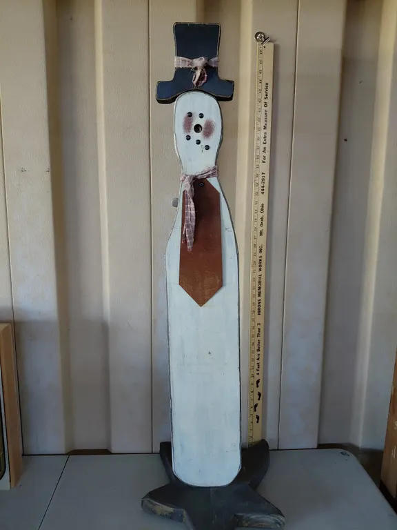 Wooden Folk Art Snowman 47" Tall, Needs Minor Repair/Nose & Arms Replaced