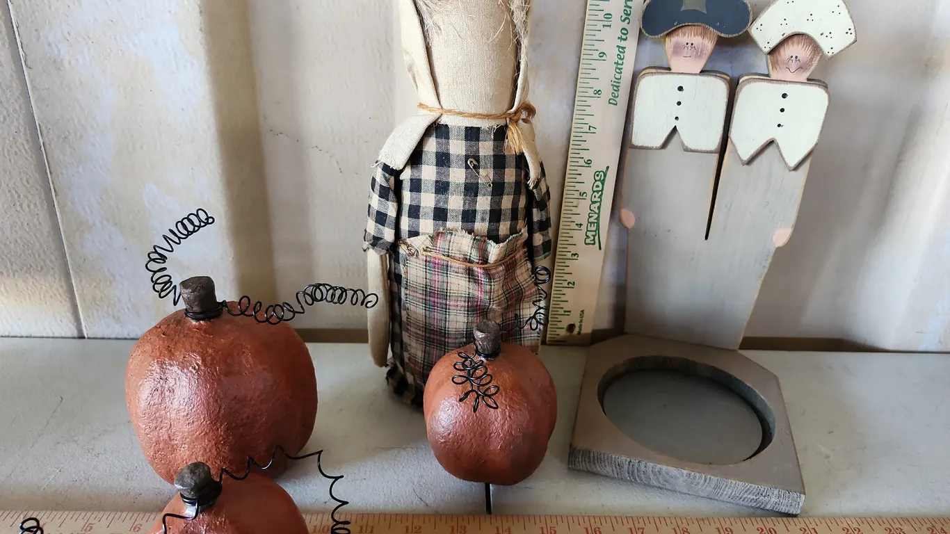 Folk Art Jar Doll, Plastic Pumpkins, & Wood Pilgrim Candle Holder