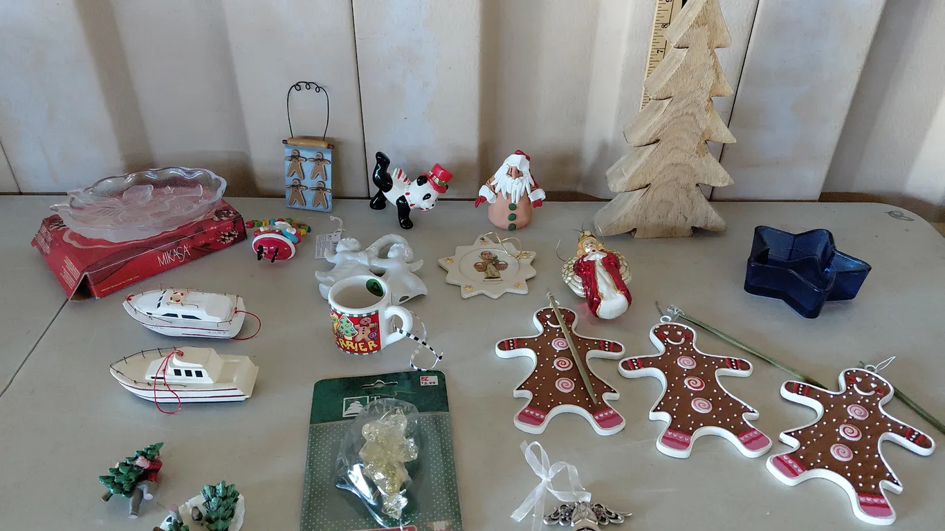 Christmas Ornaments, Blue Glass Candle Holder, Panda Bear, Etc.