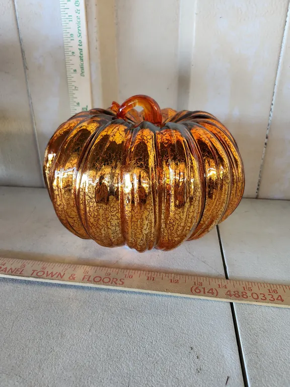 Lighted Glass Hand Blown Pumpkin, Battery Operated 9"X7" Battery Cover Is Loose