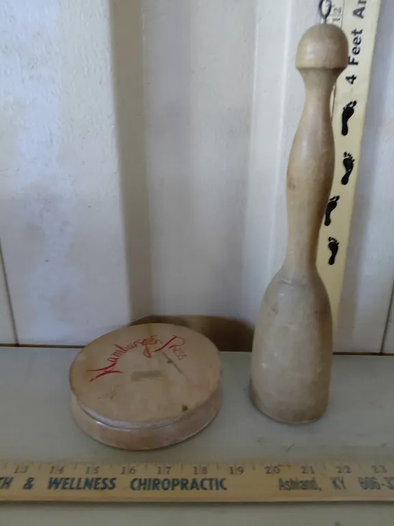 Vintage Wood Disneyland Hamburger Press & Wood Masher W/Metal Coin Tokens