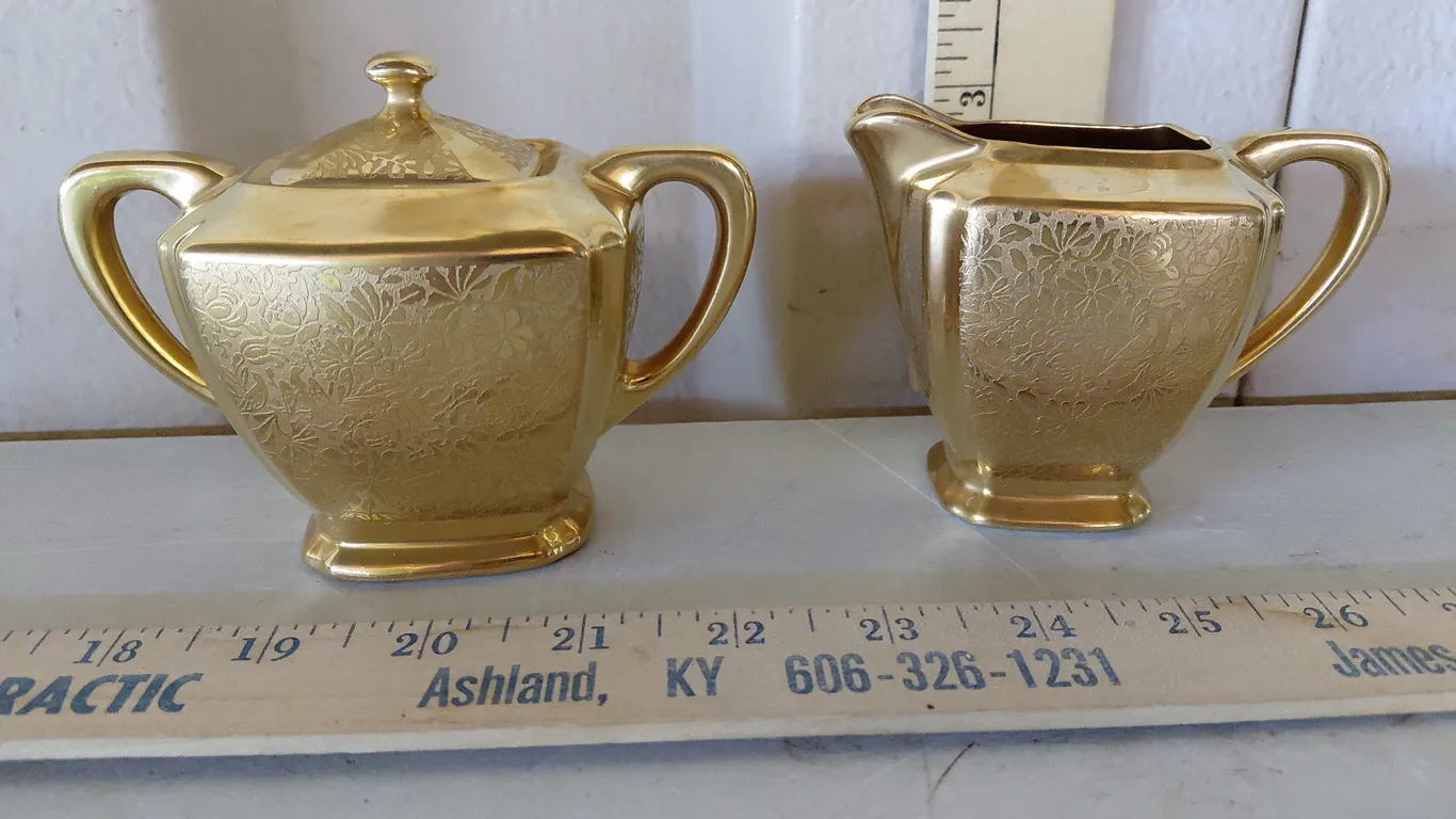 Vintage Wheeling Gold China Wheeling, W. VA Gold Painted Porcelain Sugar & Creamer, Flower Design