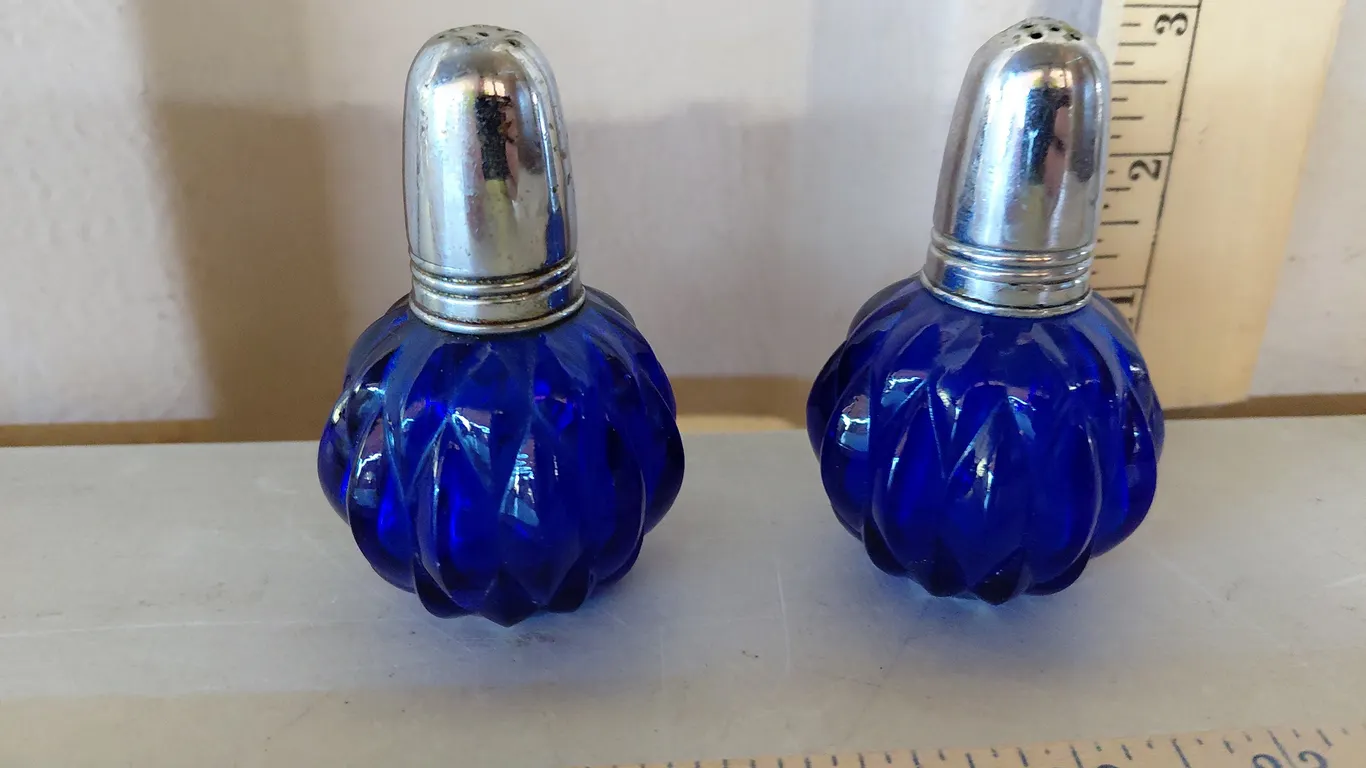 Vintage Japan Cobalt Blue Glass Salt/Pepper Shakers, Metal Tops Have Minor Dents