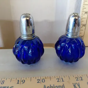 Vintage Japan Cobalt Blue Glass Salt/Pepper Shakers, Metal Tops Have Minor Dents