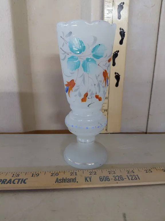 Antique Hand Blown Hand Painted Opaline Glass Vase 7.5"
