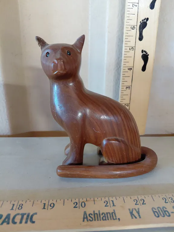 Hand Carved Wood Cat, Ear Has Minor Damage 5.25" (Tail Glue Is Loose)