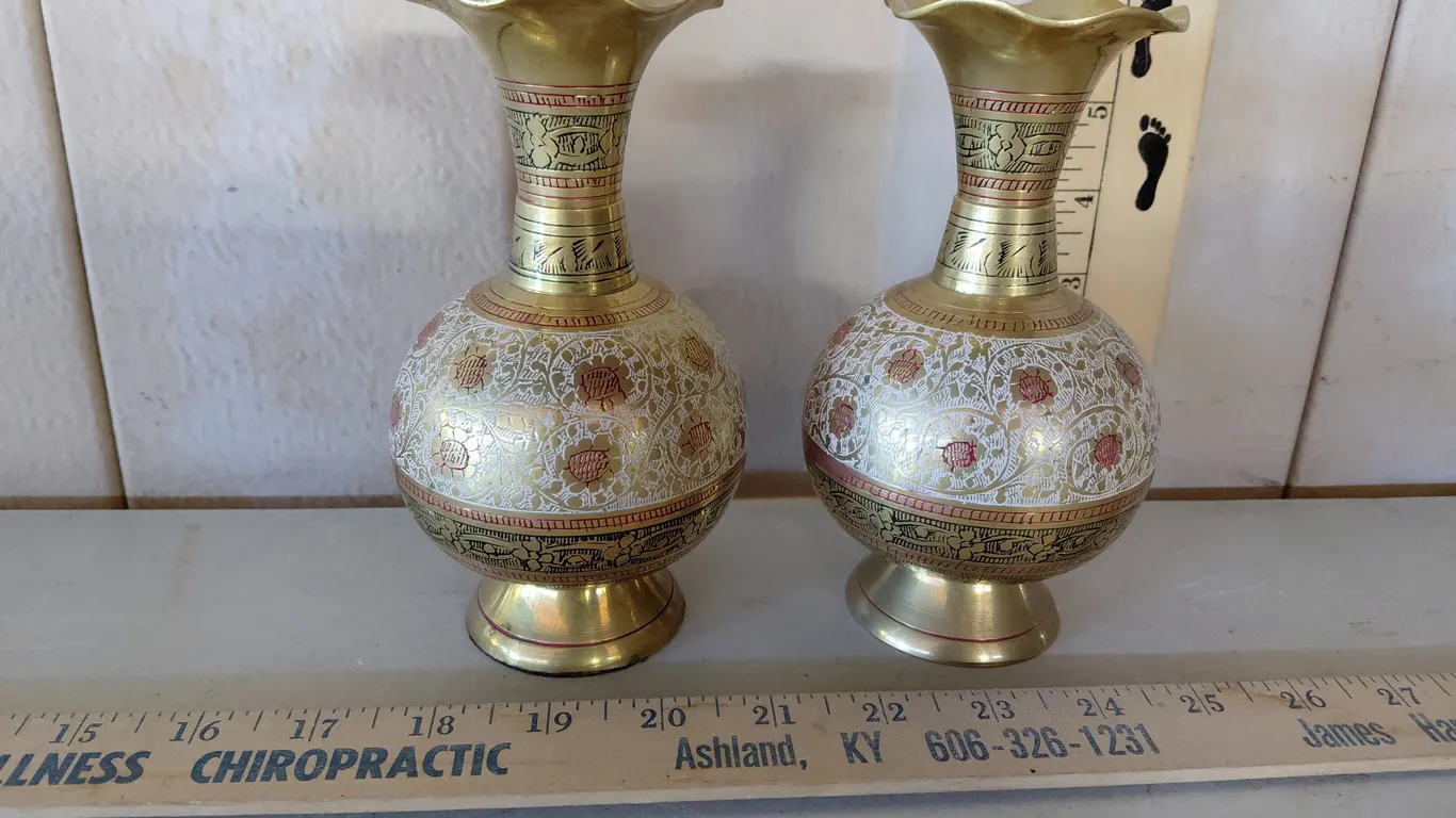Vintage Handcrafted Brass Kuwait Vases 6.25" Tall