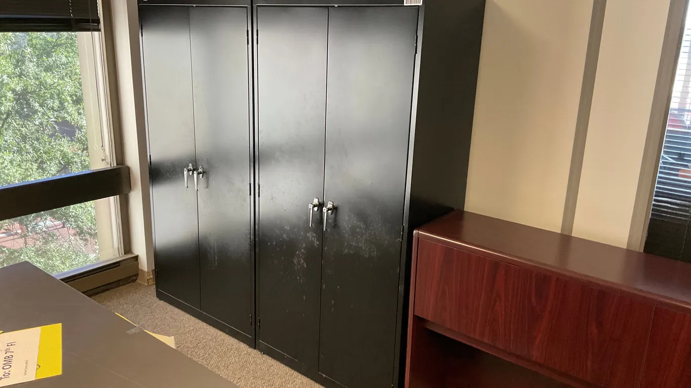 QTY OF (2) 5 TIER CABINETS & (1) DESK
