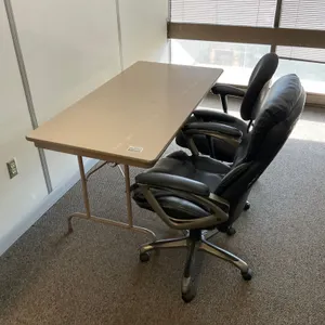 QTY OF (2) WOODEN DESKS & (4) OFFICE CHAIRS