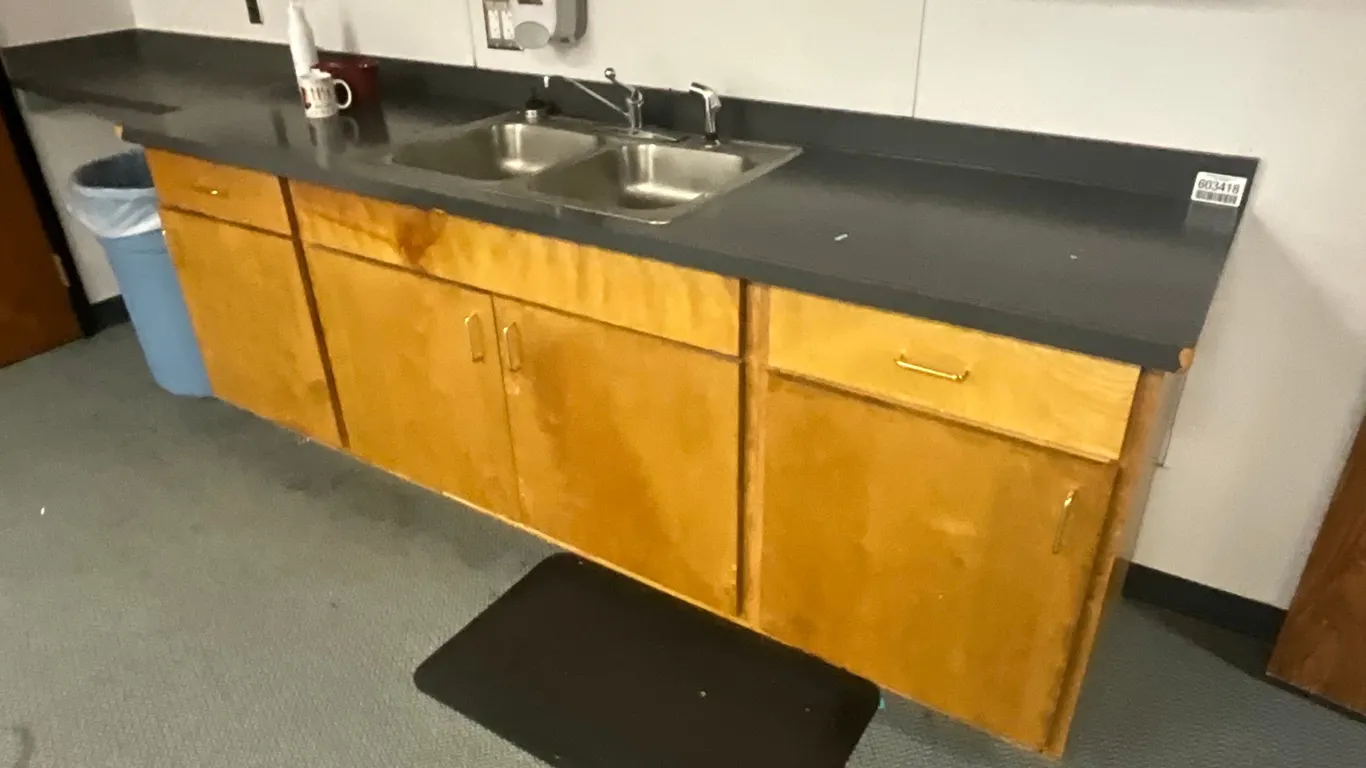 97”X25”X36” WOODEN CABINET WITH DRAWERS, COUNTERTOP & SINK *** BUYER