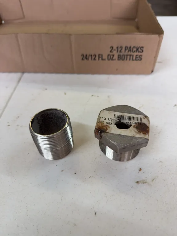 Stainless 2 inch to 1/2 in hex bushing, stainless all thread