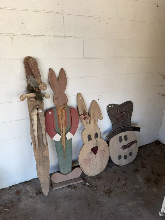 Wooden snowman, two wooden decorative rabbits
