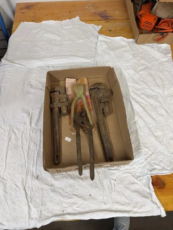 2 14 inch pipe wrenches, channel locks, gripper plyer kit