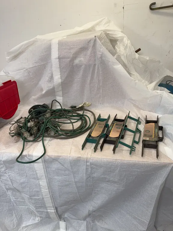 4 extension cords, extension, cord, winders, string lights in a portable tote