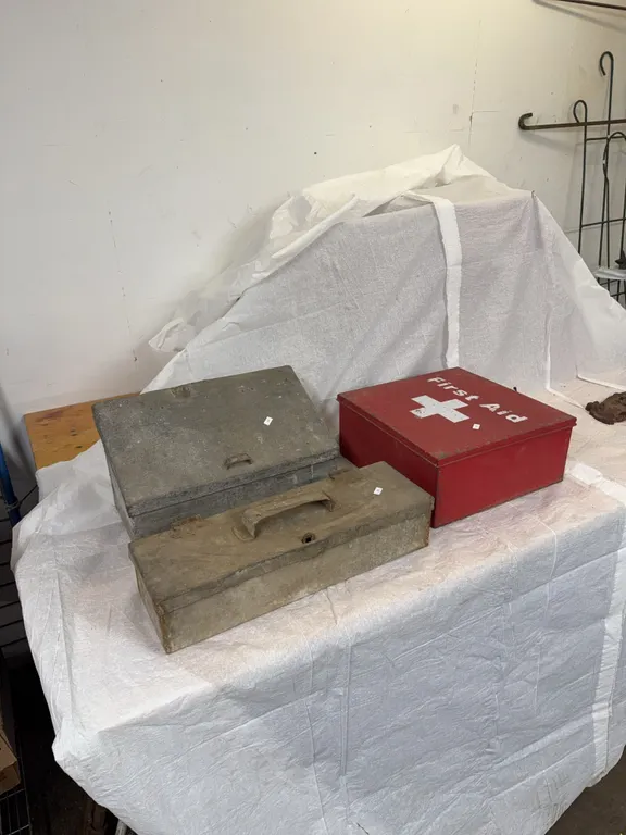 First aid case, 2 metal utility boxes