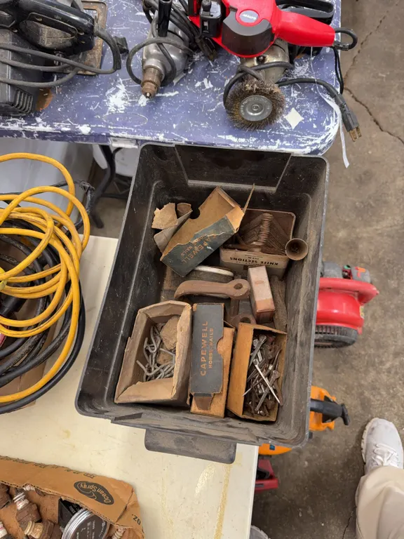 Horseshoe nails, knife sections, wire clamps