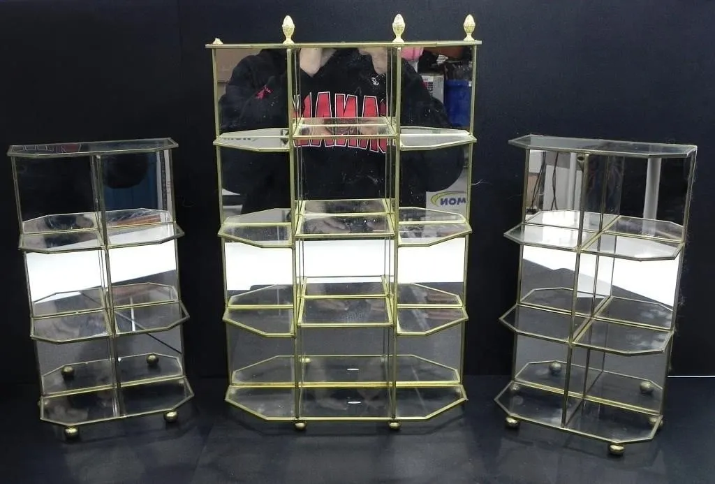 3 BRASS, GLASS & CHROME DISPLAY STANDS
