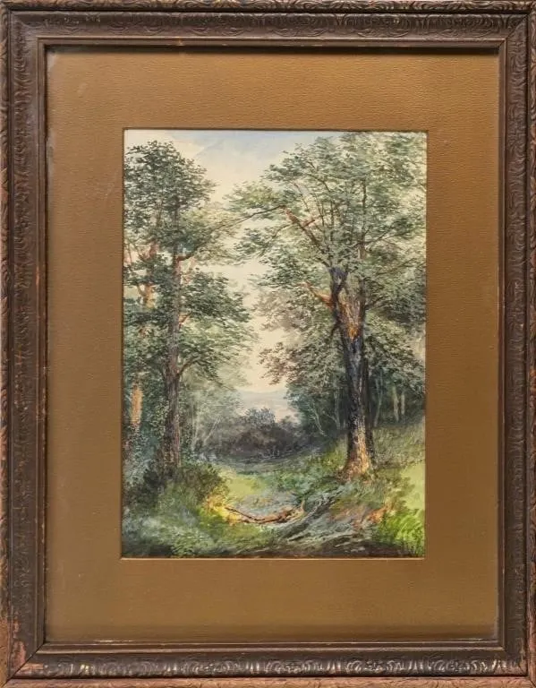 ANTIQUE WOODLAND LANDSCAPE WATERCOLOR PAINTING