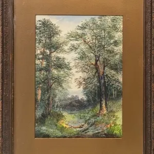 ANTIQUE WOODLAND LANDSCAPE WATERCOLOR PAINTING