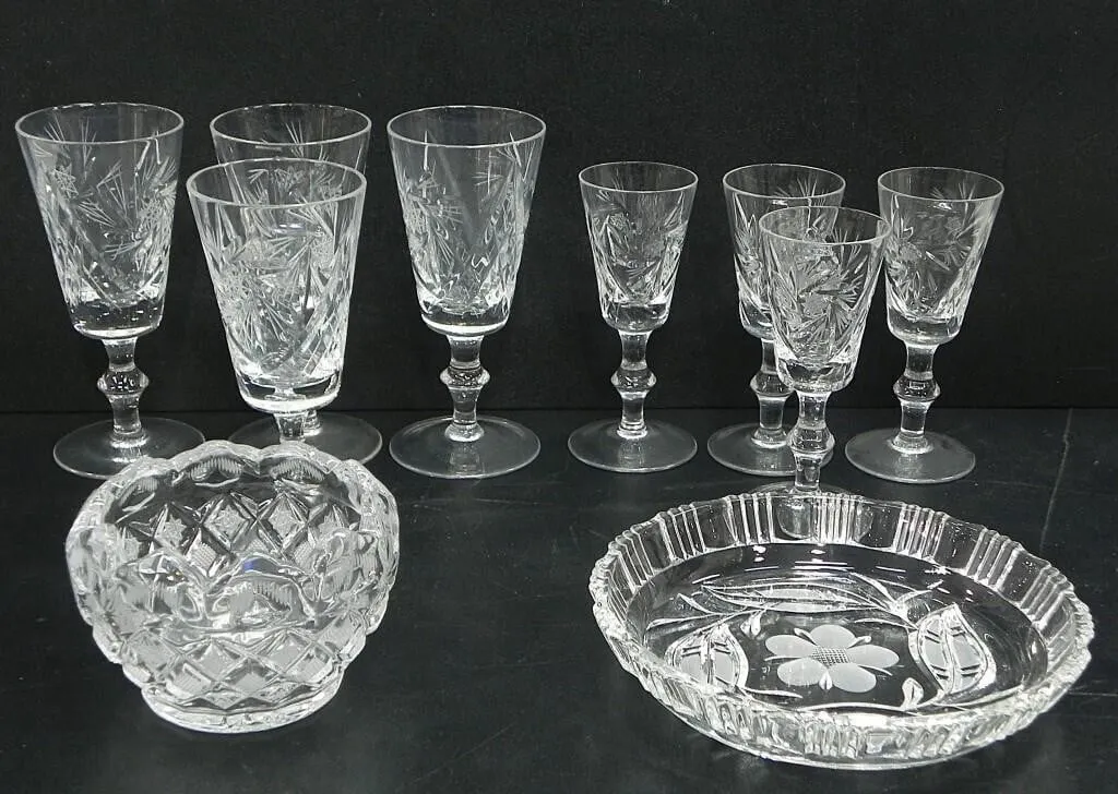 CUT CRYSTAL GLASSES, BOWL & DISH