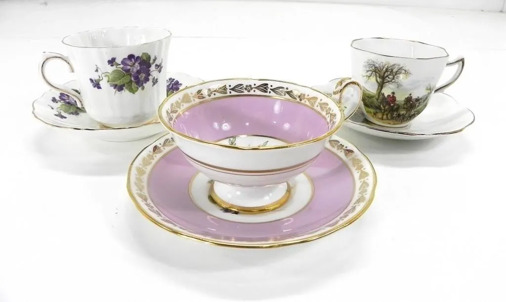 ROSINA,OLD ROYAL, PRIMROSE DELL TEACUPS & SAUCERS