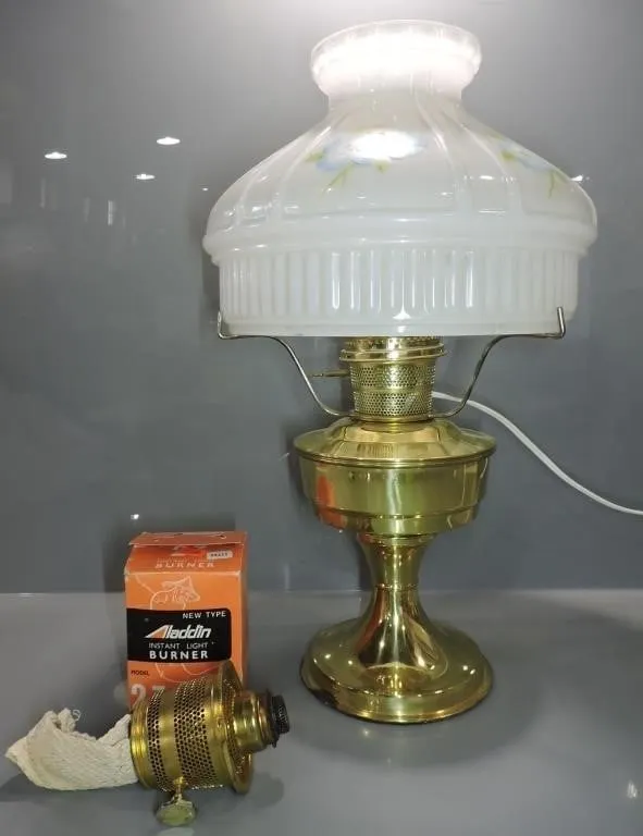 ALADDIN BRASS MANTLE LAMP WITH MILK GLASS SHADE