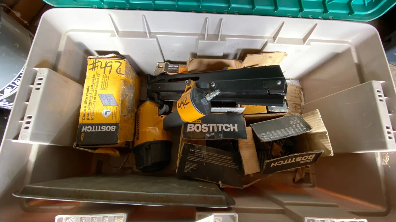 Tote c/w Bostich air nailer & all staples & Contents in tote