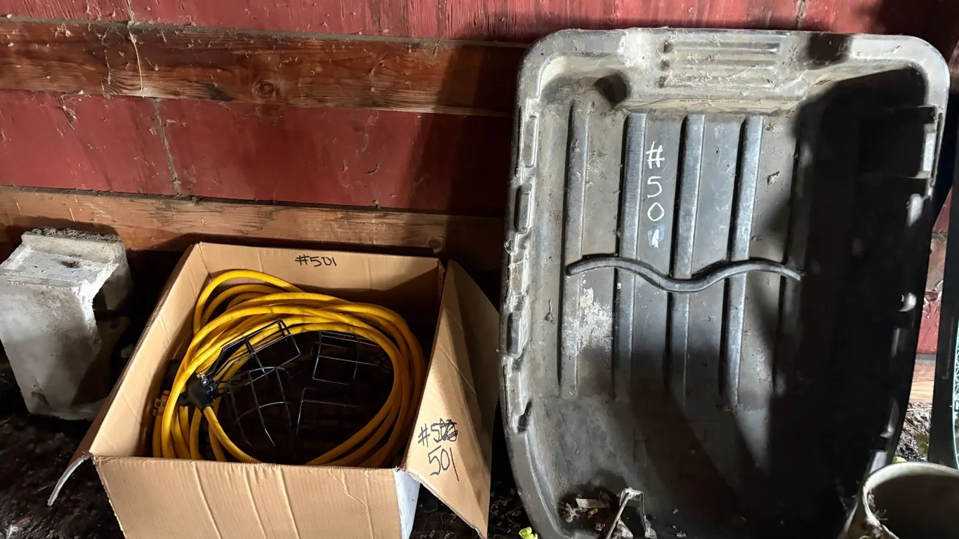 Folding table, pail, mud flaps & yellow cord