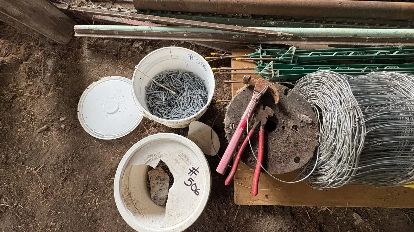 Hog wire, stretcher, fencing tool, staples, T-bars etc.