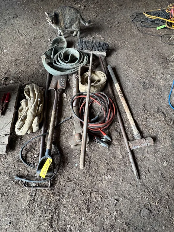 Booster cables, sling, hand tools, hitch, complete pile