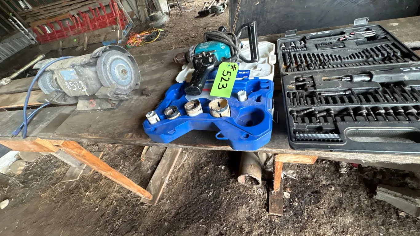 Hole saw kit, bench grinder, Makita drill, screw driver set