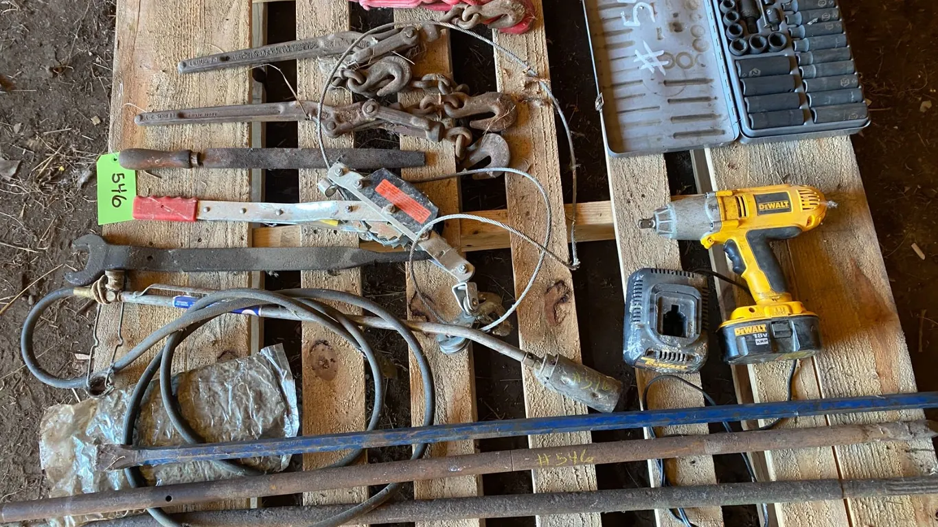 Boomers, Come-a-longs, bars, DeWalt impact, socket set, weed burner etc.