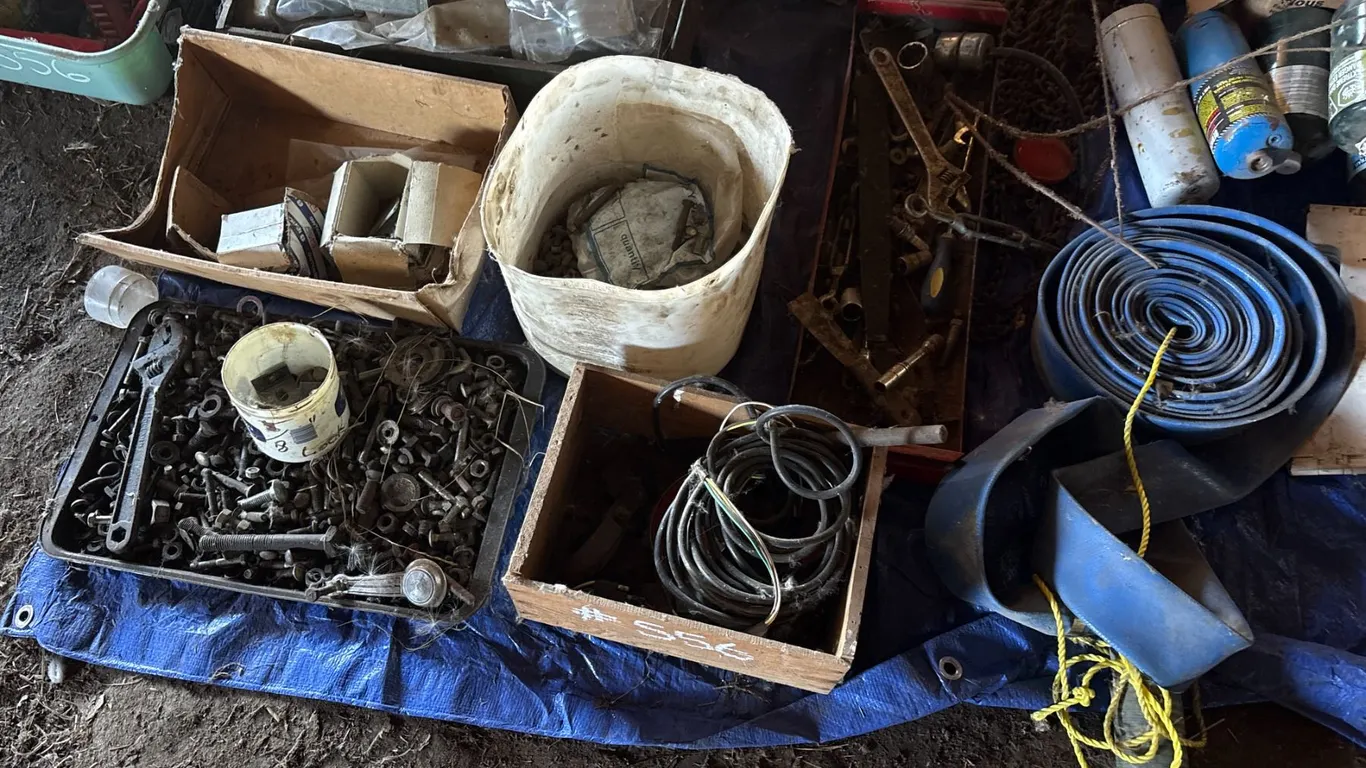 Water hose, 3- bags of plastic (new), nuts & bolts, sliding door etc.