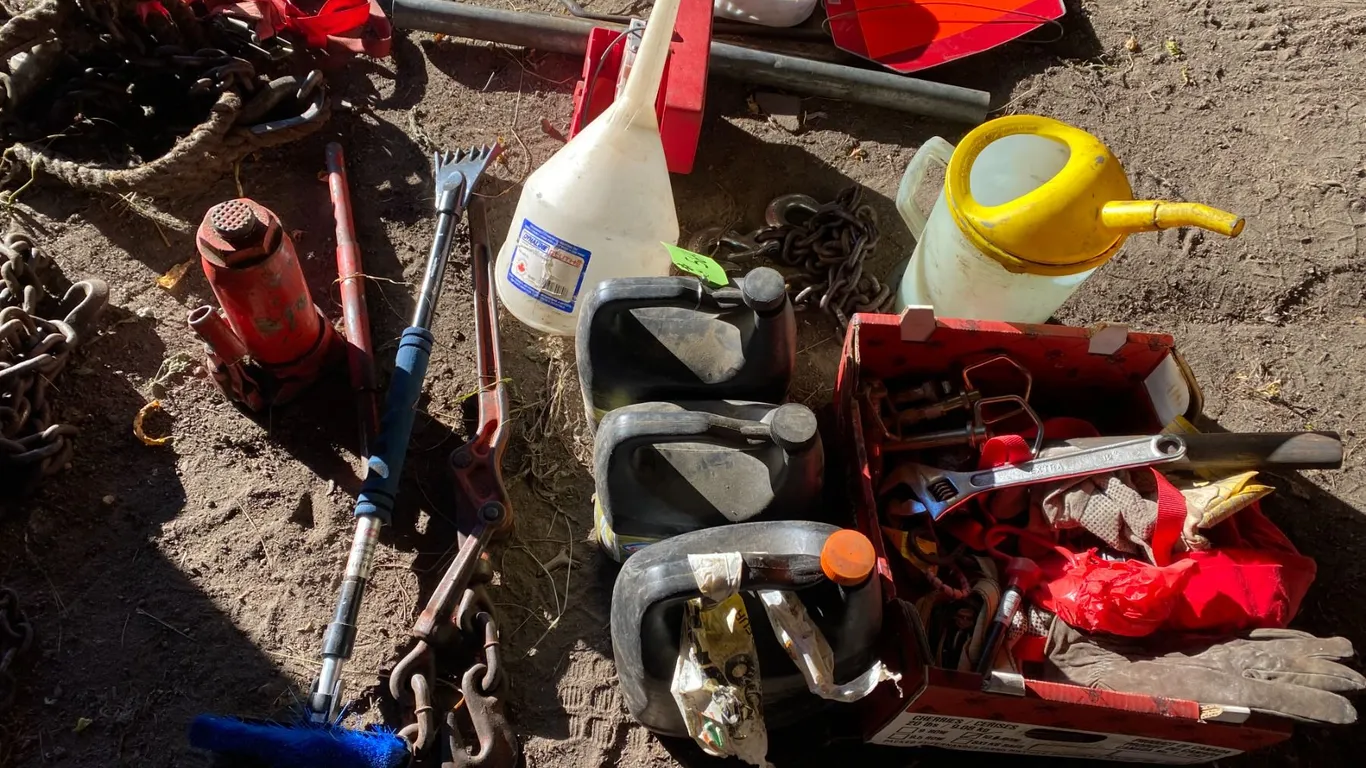 Chains, Funnels, tie down, tools, hyd. Jack, flairs, bars, boomers, oils etc.