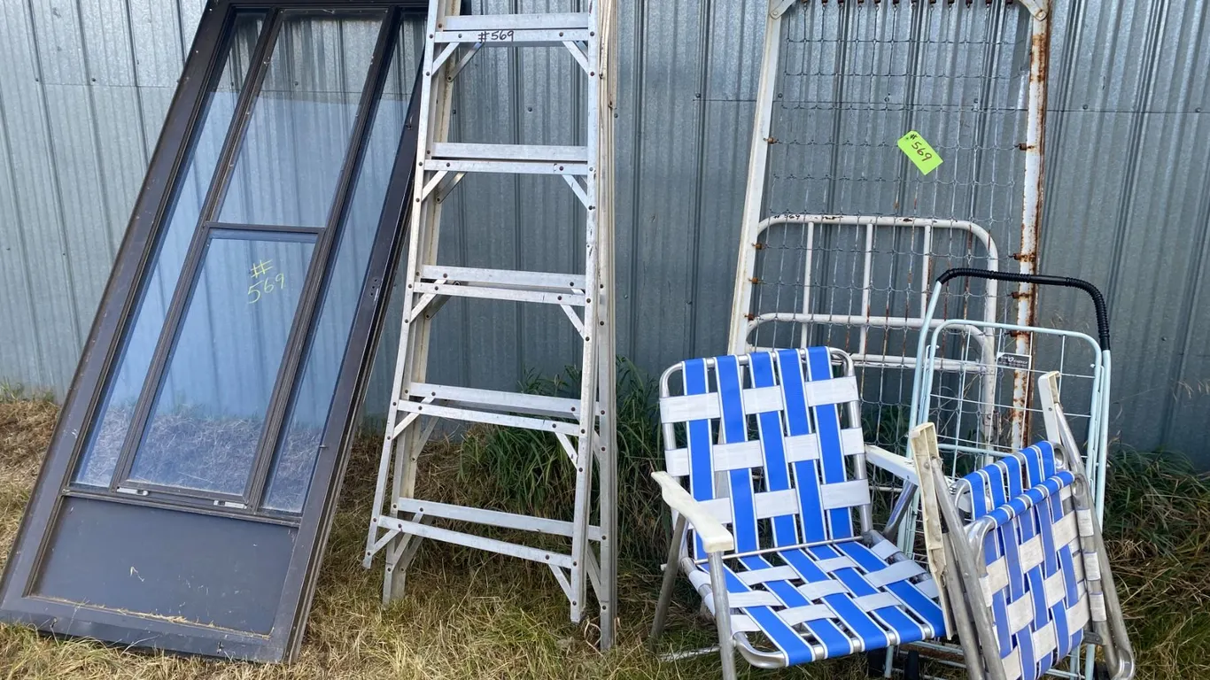 2- lawn chairs, single bed frame, storm door, alum. step ladder