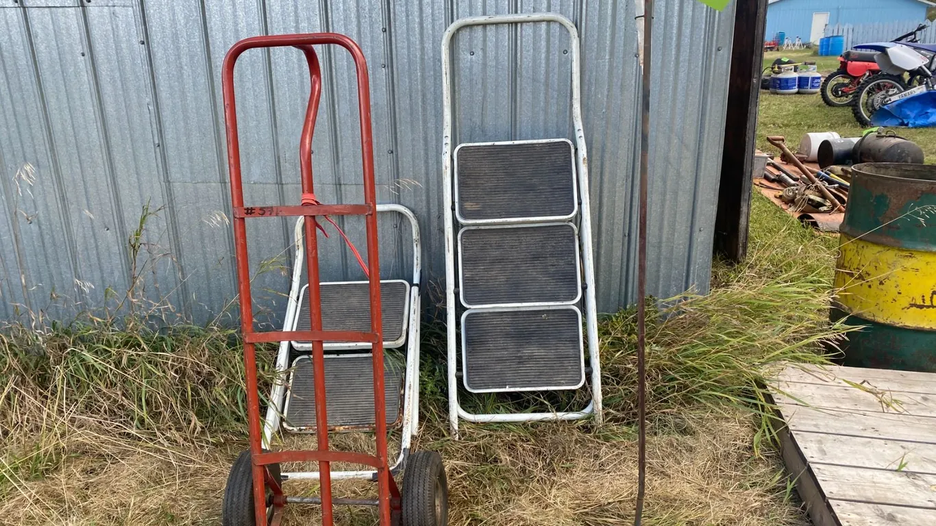 2- Wheel cart, 2 & 3 ft. step ladders & weather vain stand