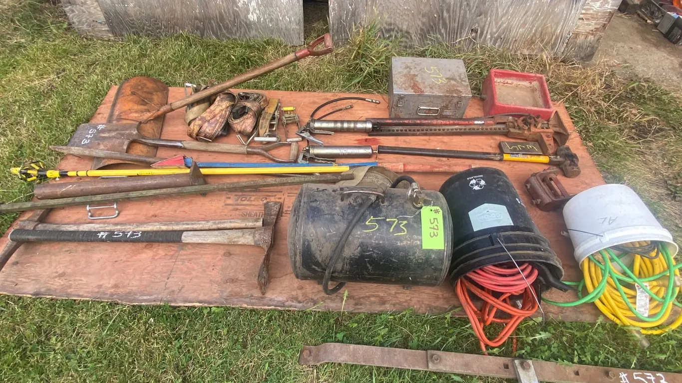large pallet of misc. hand tools, air tank, jacks, booster cable & ext. cords